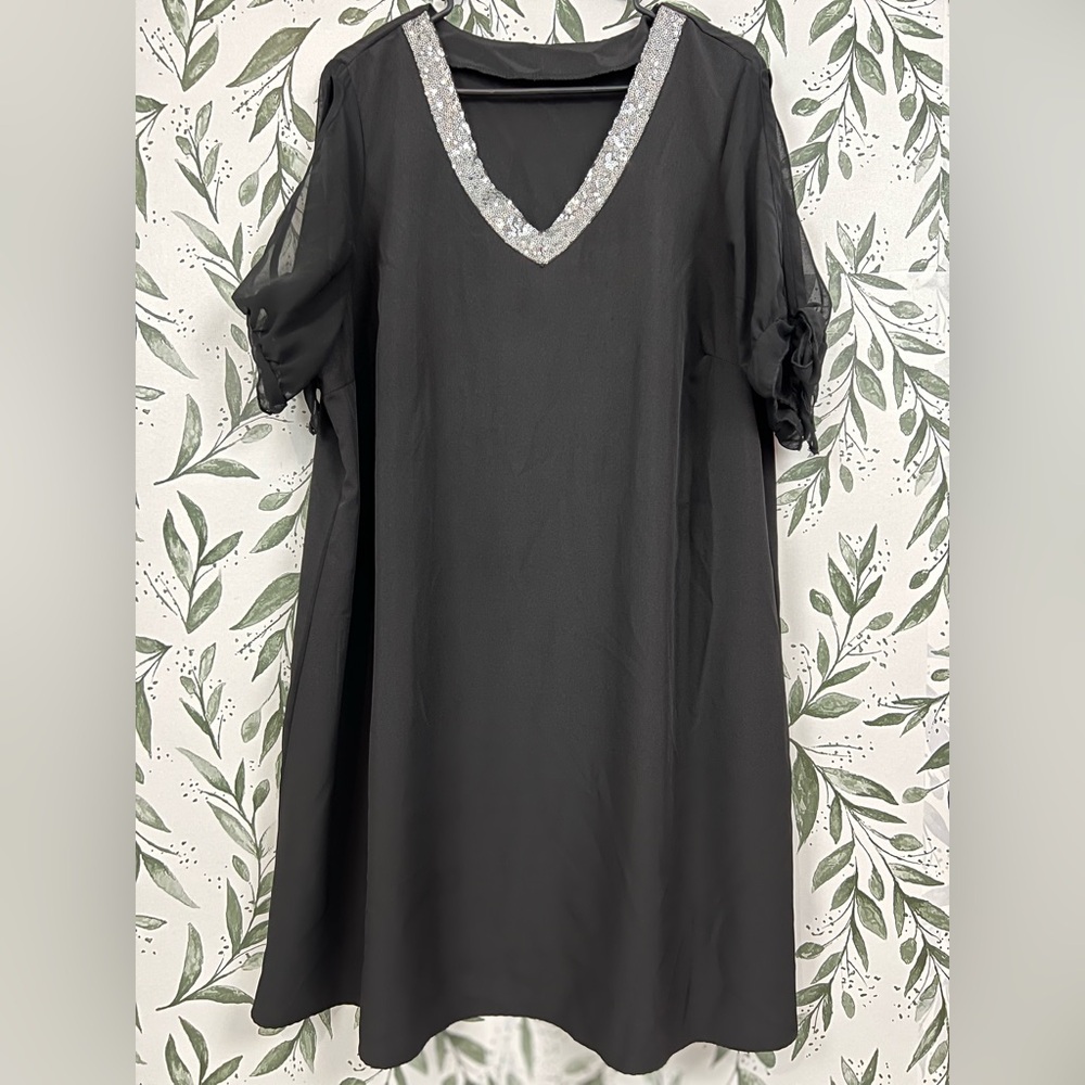 Loose Comfy V Neck Short Sleeve Bow Off Shoulder Midi Sequin Dress Boho Size XXL - Picture 11 of 14